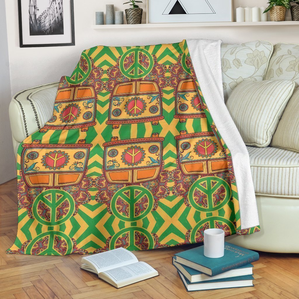 Hippie Van Peace Sign Pattern Print Blanket-grizzshop