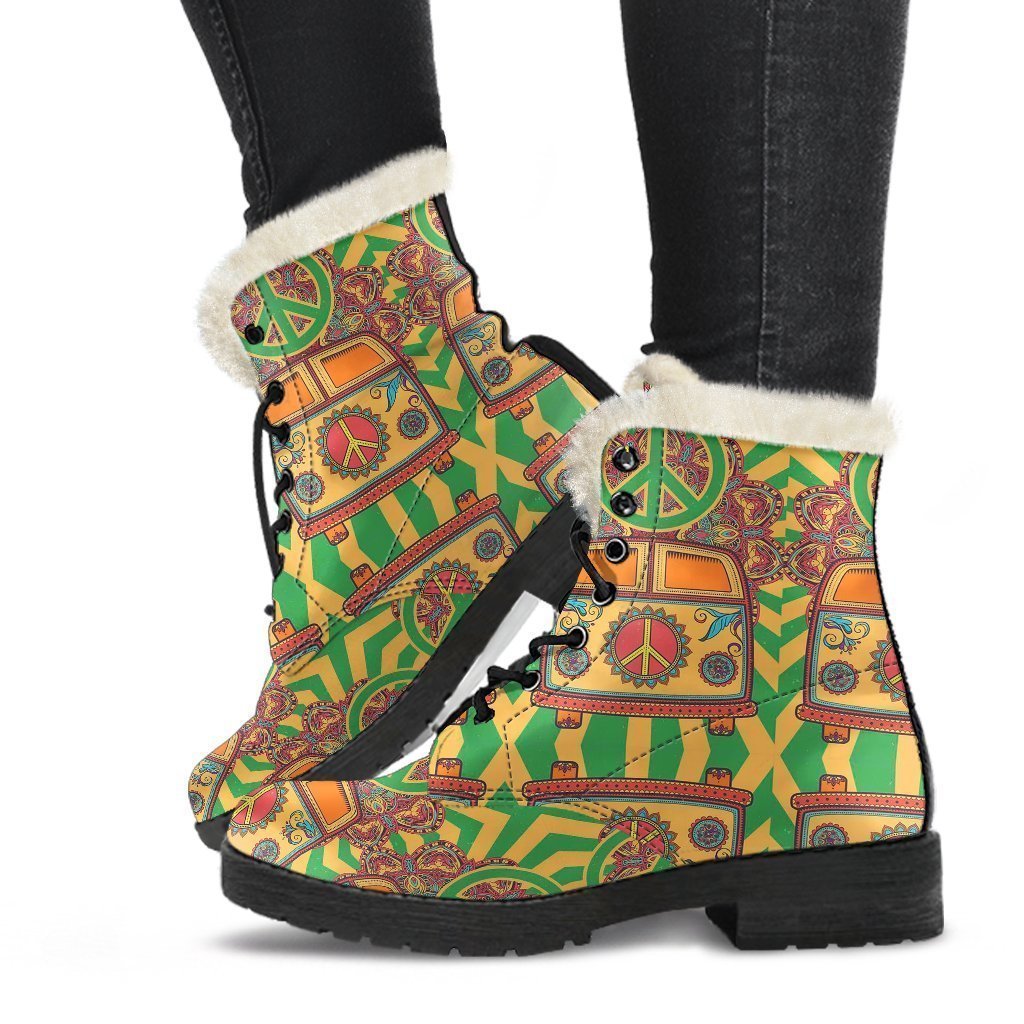 Hippie Van Peace Sign Pattern Print Comfy Winter Boots-grizzshop