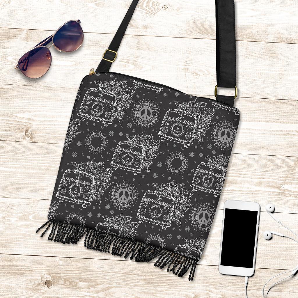 Hippie Van Peace Sign Pattern Print Crossbody Bags-grizzshop