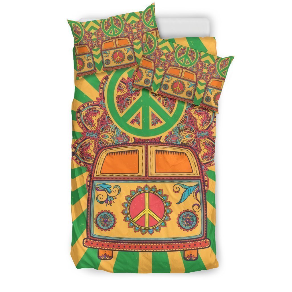 Hippie Van Peace Sign Pattern Print Duvet Cover Bedding Set-grizzshop