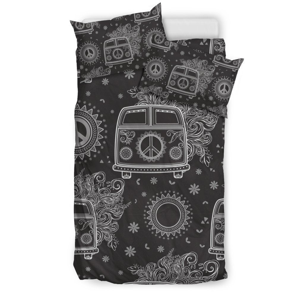 Hippie Van Peace Sign Pattern Print Duvet Cover Bedding Set-grizzshop