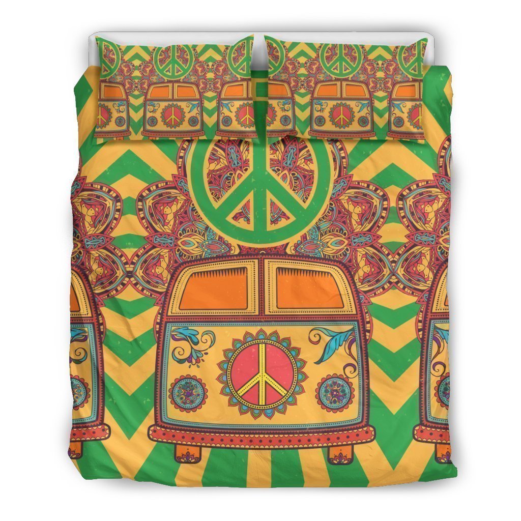 Hippie Van Peace Sign Pattern Print Duvet Cover Bedding Set-grizzshop