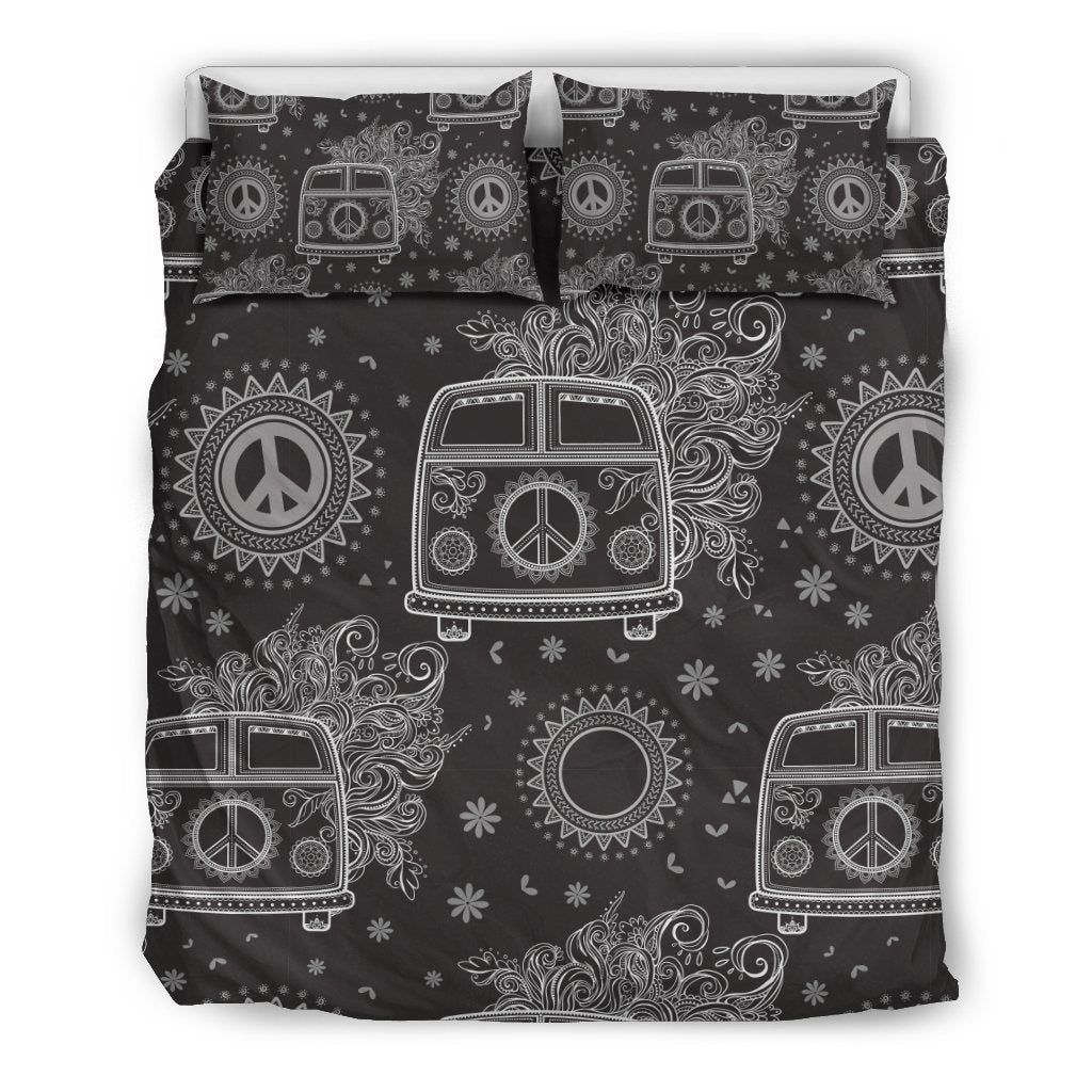 Hippie Van Peace Sign Pattern Print Duvet Cover Bedding Set-grizzshop