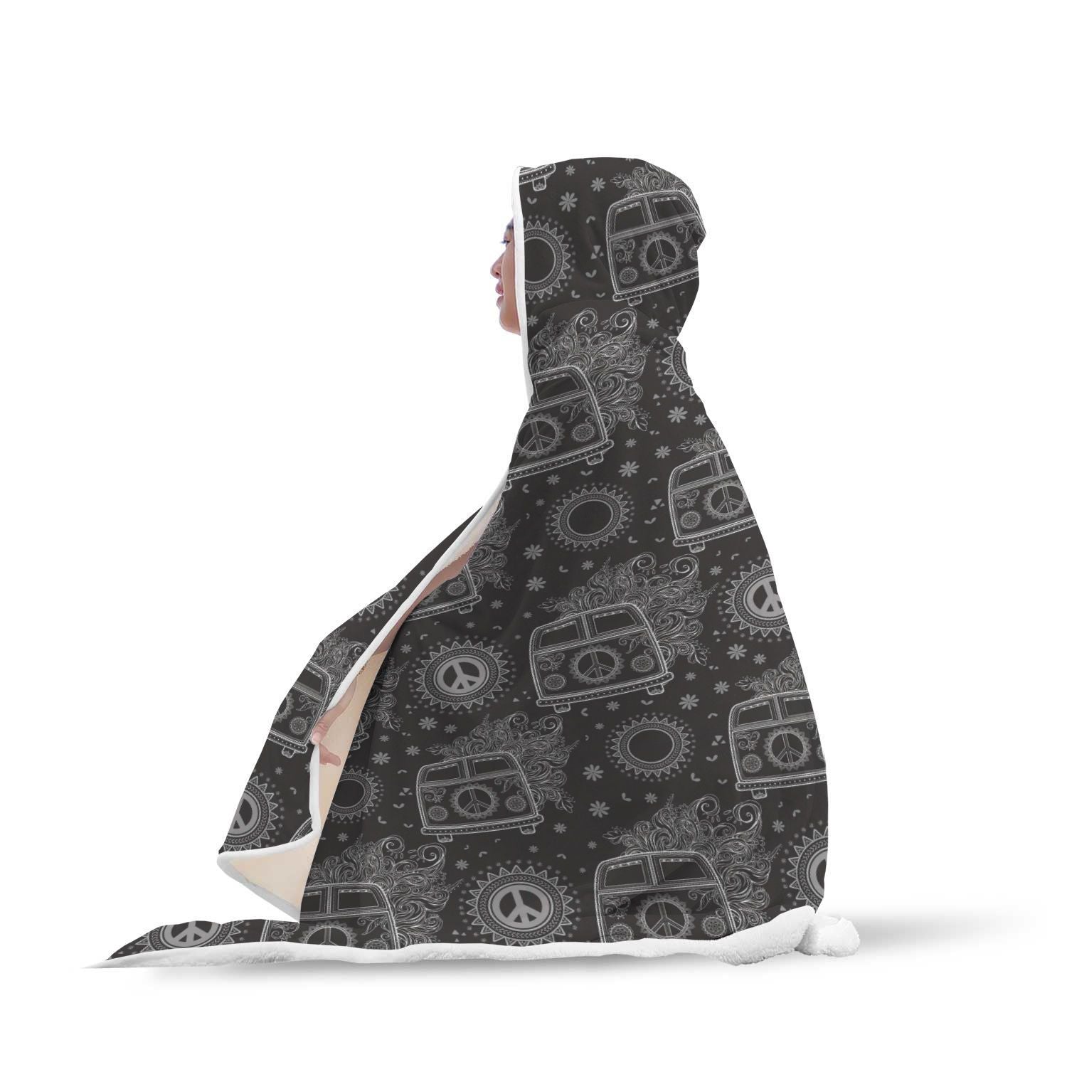 Hippie Van Peace Sign Pattern Print Hooded Blanket-grizzshop