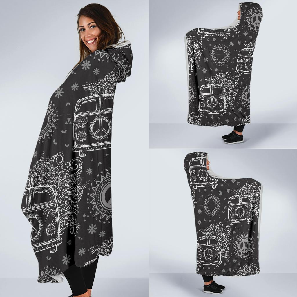 Hippie Van Peace Sign Pattern Print Hooded Blanket-grizzshop