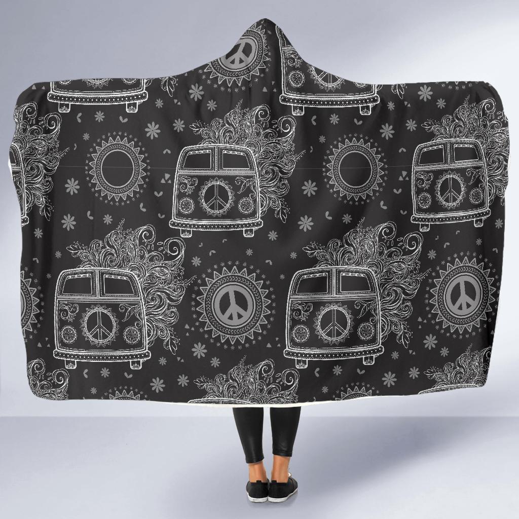 Hippie Van Peace Sign Pattern Print Hooded Blanket-grizzshop