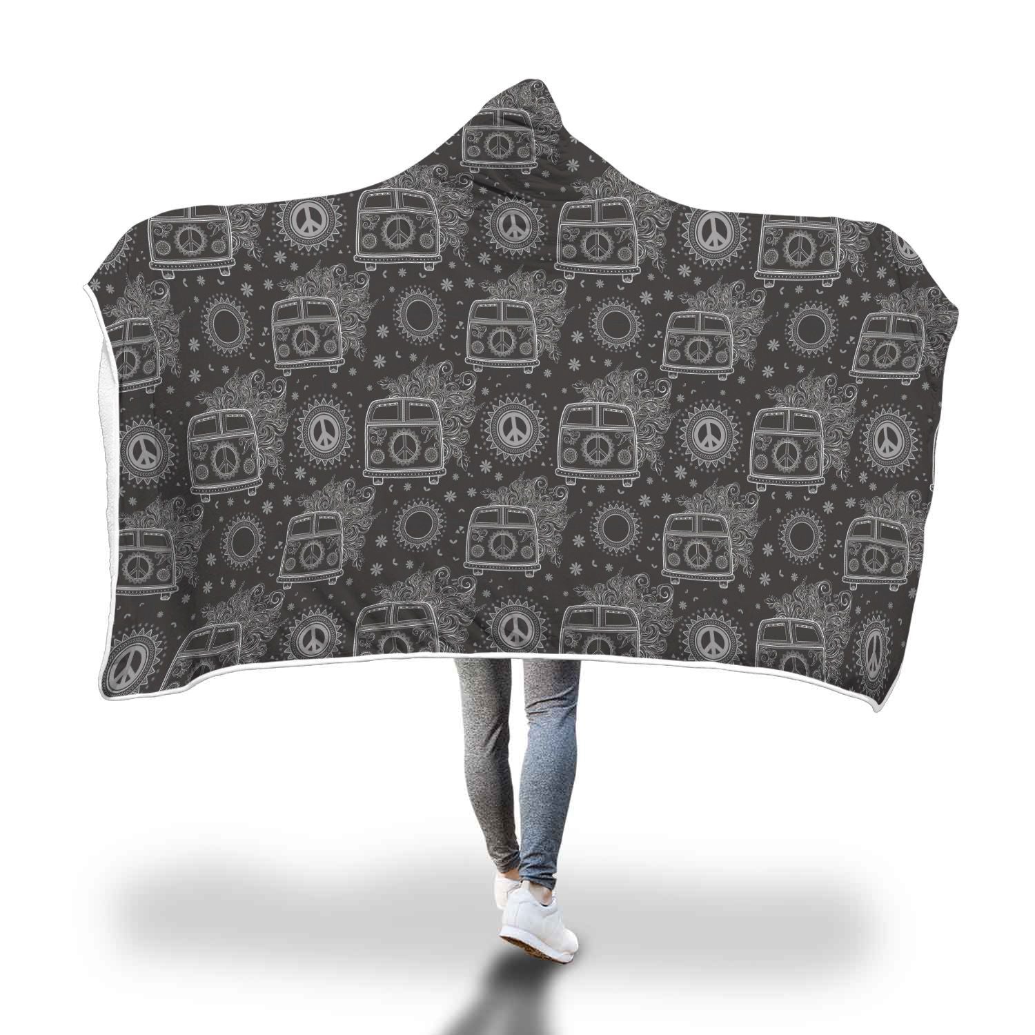Hippie Van Peace Sign Pattern Print Hooded Blanket-grizzshop