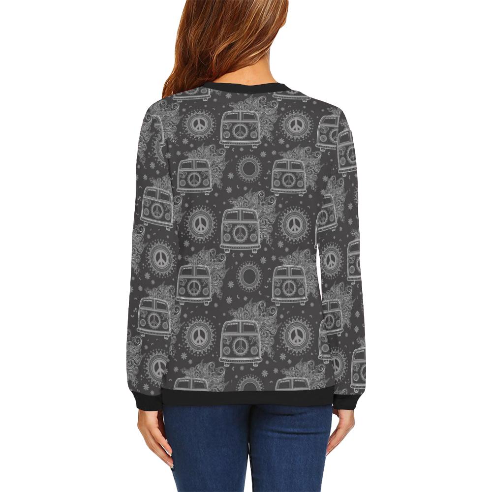 Hippie Van Peace Sign Pattern Print Women Crewneck Sweatshirt-grizzshop