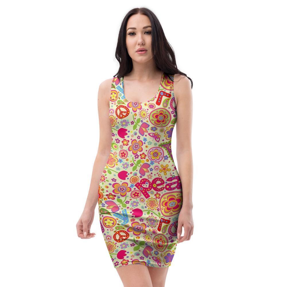 Hippie White Peace Bodycon Dress-grizzshop