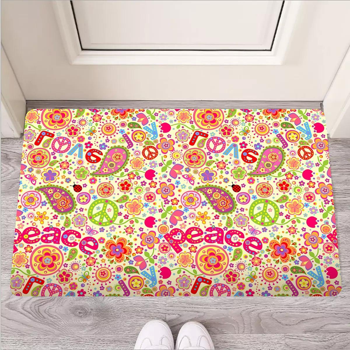 Hippie White Peace Door Mat-grizzshop