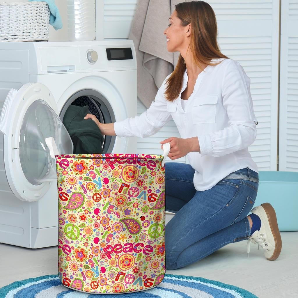 Hippie White Peace Laundry Basket-grizzshop