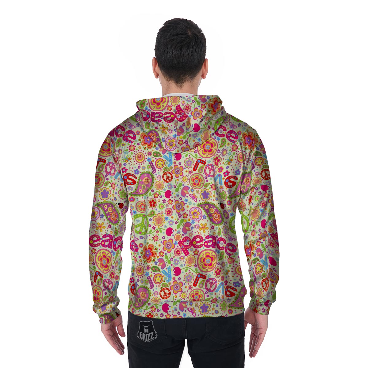 Hippie White Peace Men's Zip Up Hoodie-grizzshop