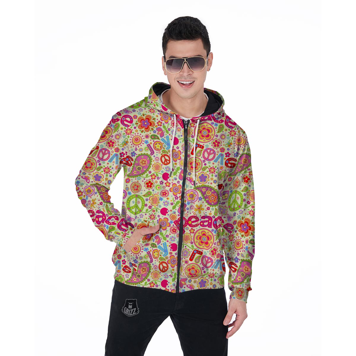 Hippie White Peace Men's Zip Up Hoodie-grizzshop