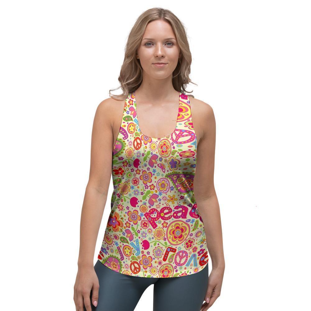 Hippie White Peace Women's Racerback Tank Top-grizzshop