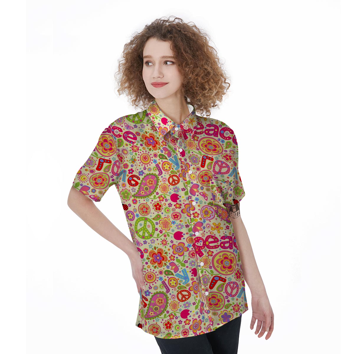 Hippie White Peace Women's Short Sleeve Shirts-grizzshop