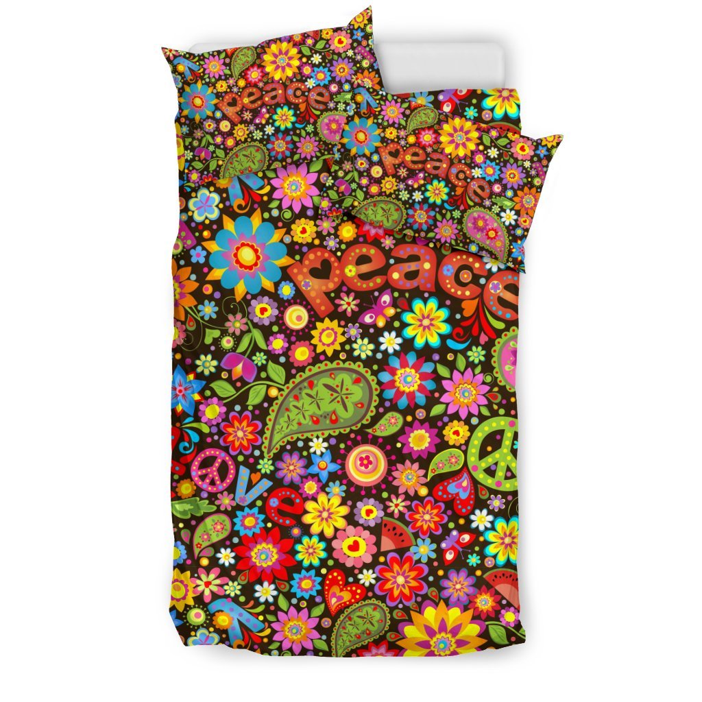 Hippie Paisley Floral Peace Sign Pattern Print Duvet Cover Bedding Set-grizzshop
