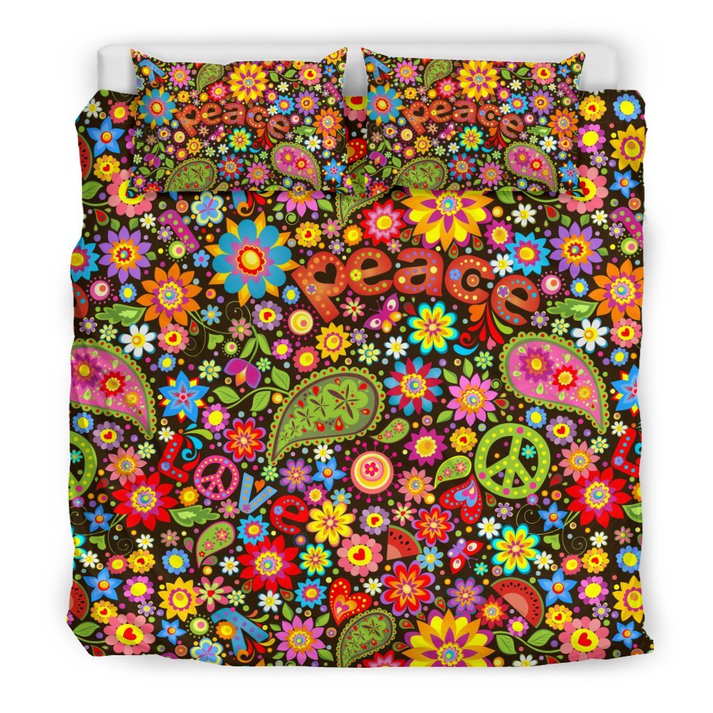 Hippie Paisley Floral Peace Sign Pattern Print Duvet Cover Bedding Set-grizzshop