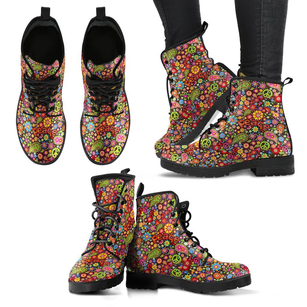 Hippie Paisley Floral Peace Sign Pattern Print Men Women Leather Boots-grizzshop