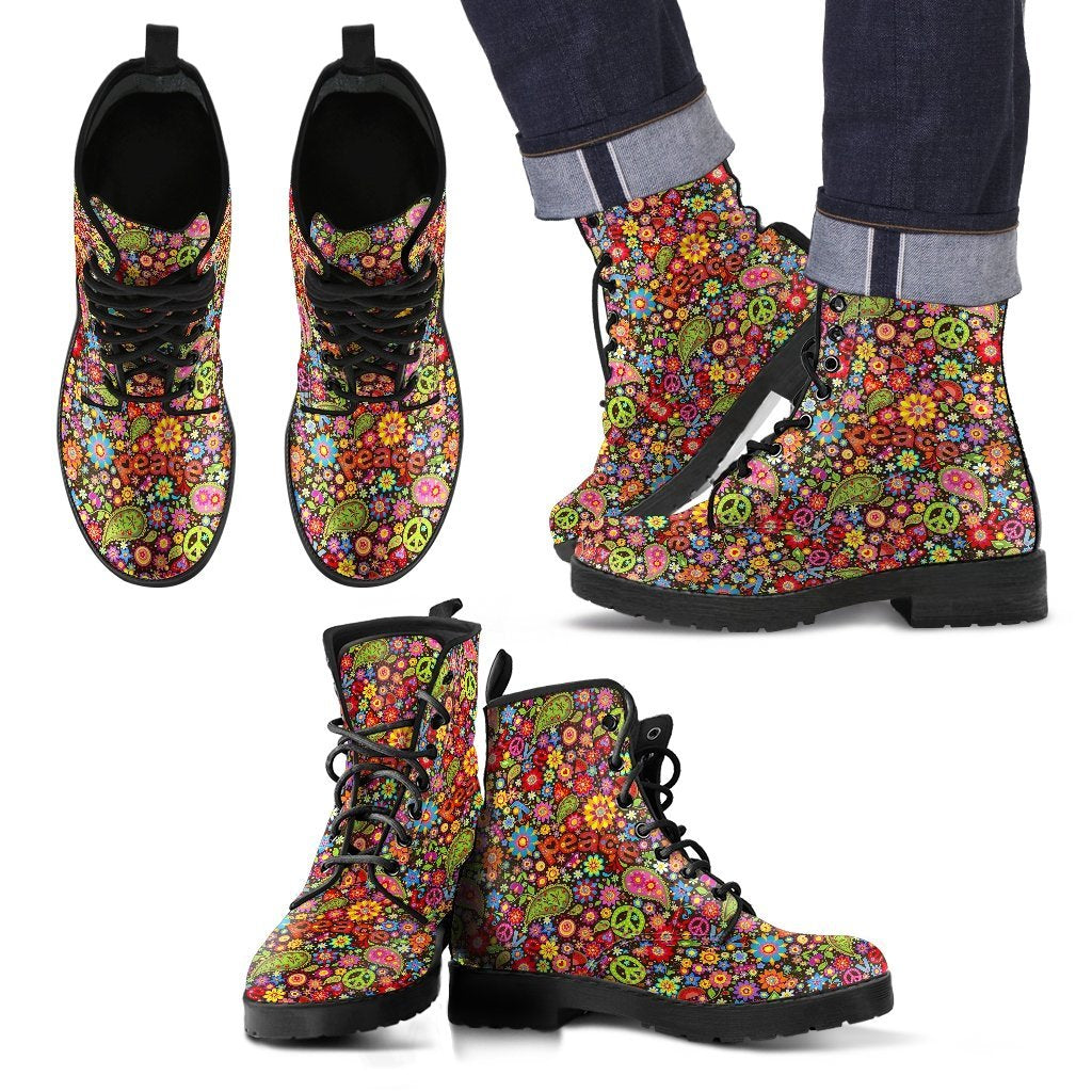 Hippie Paisley Floral Peace Sign Pattern Print Men Women Leather Boots-grizzshop
