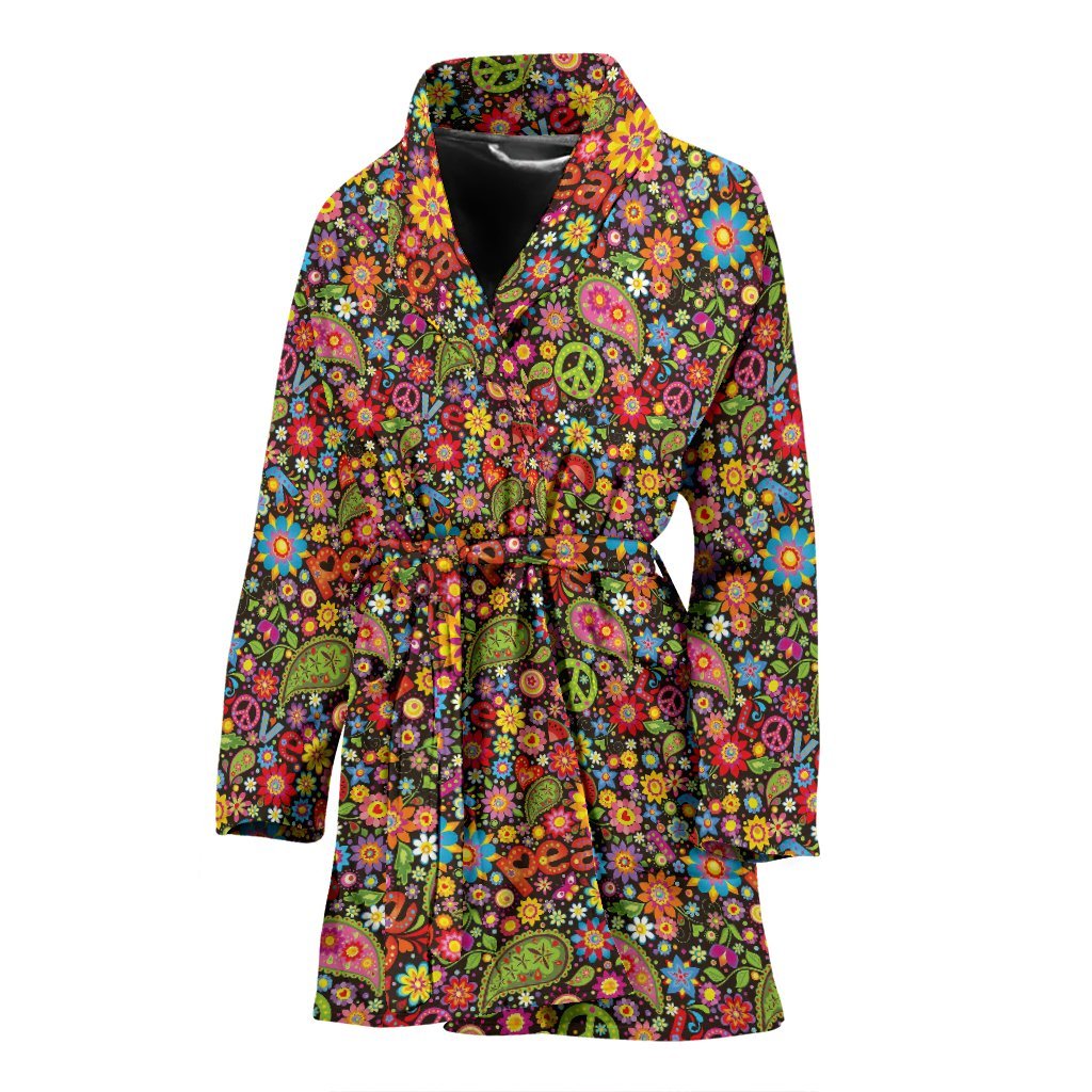 Hippie Paisley Floral Peace Sign Pattern Print Women Long Robe-grizzshop
