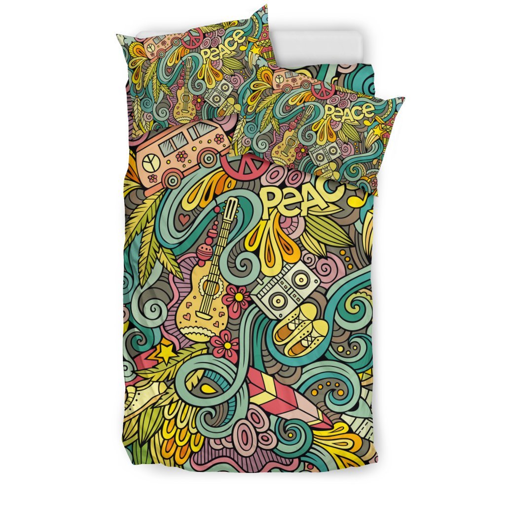 Hippie Psychedelic Van Peace Sign Pattern Print Duvet Cover Bedding Set-grizzshop
