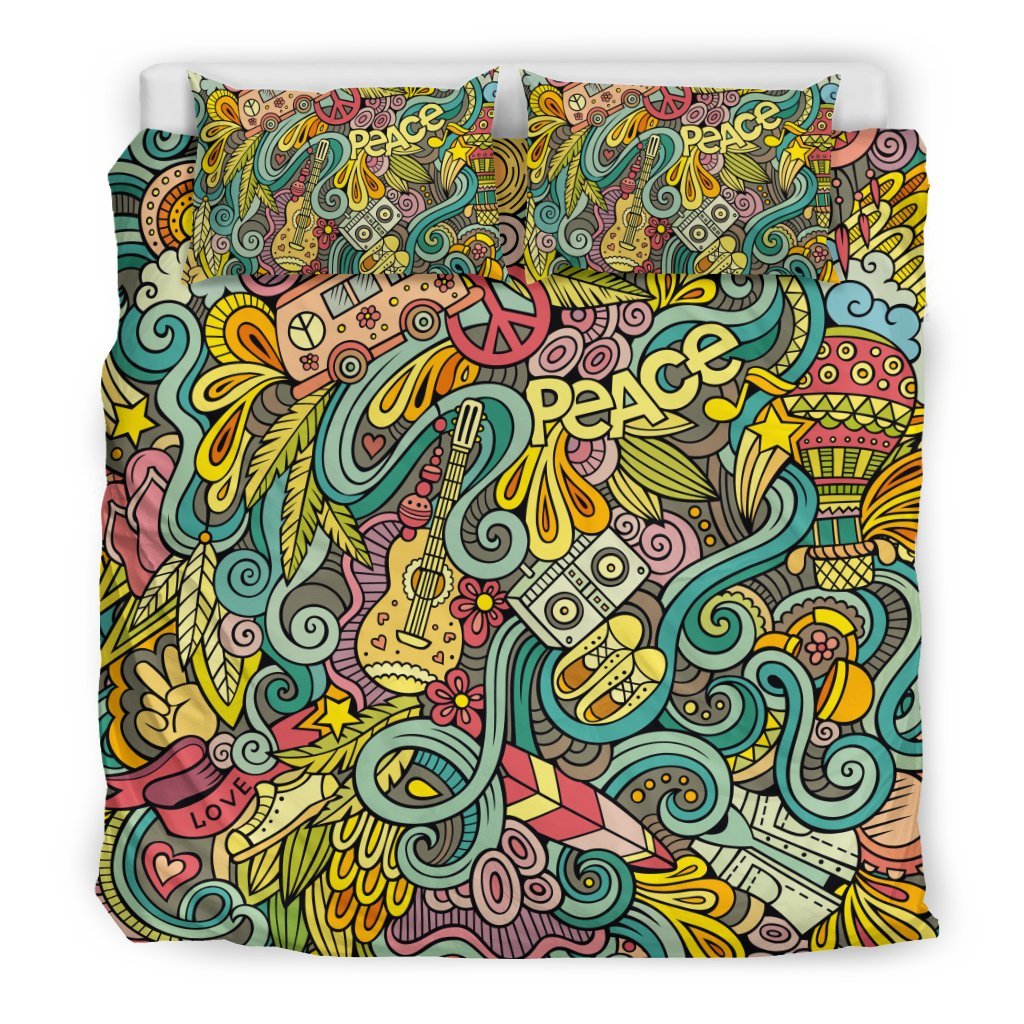 Hippie Psychedelic Van Peace Sign Pattern Print Duvet Cover Bedding Set-grizzshop