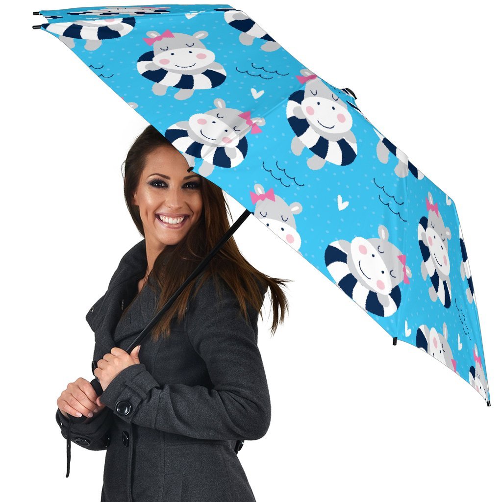 Hippo Cute Pattern Print Automatic Foldable Umbrella-grizzshop