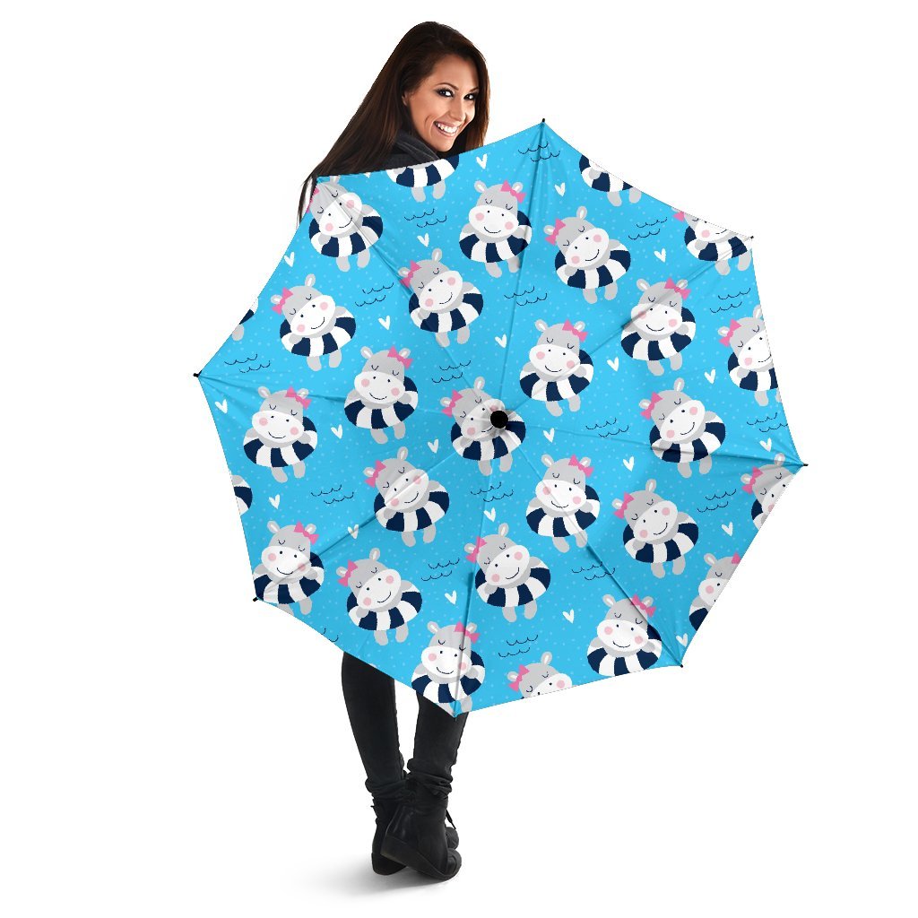 Hippo Cute Pattern Print Automatic Foldable Umbrella-grizzshop