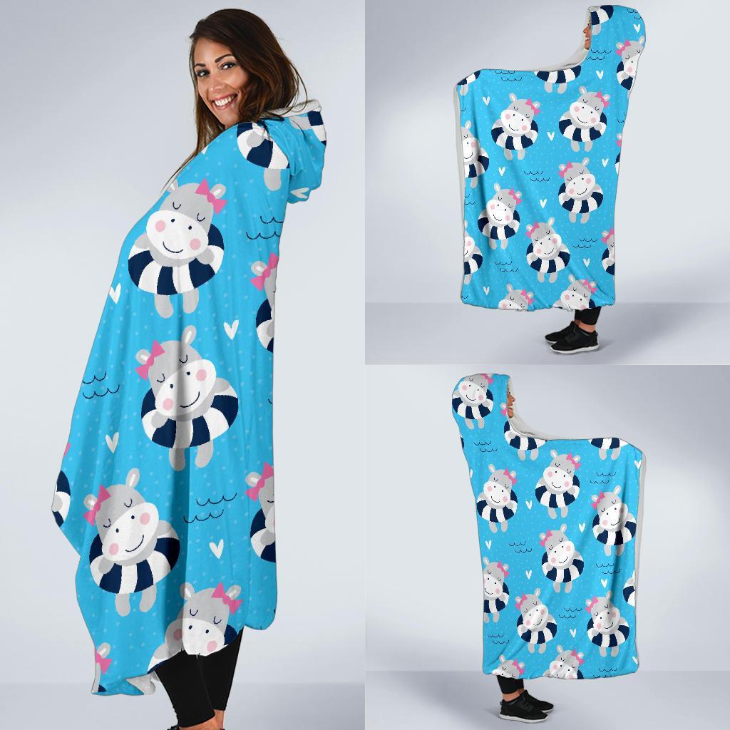 Hippo Cute Pattern Print Hooded Blanket-grizzshop