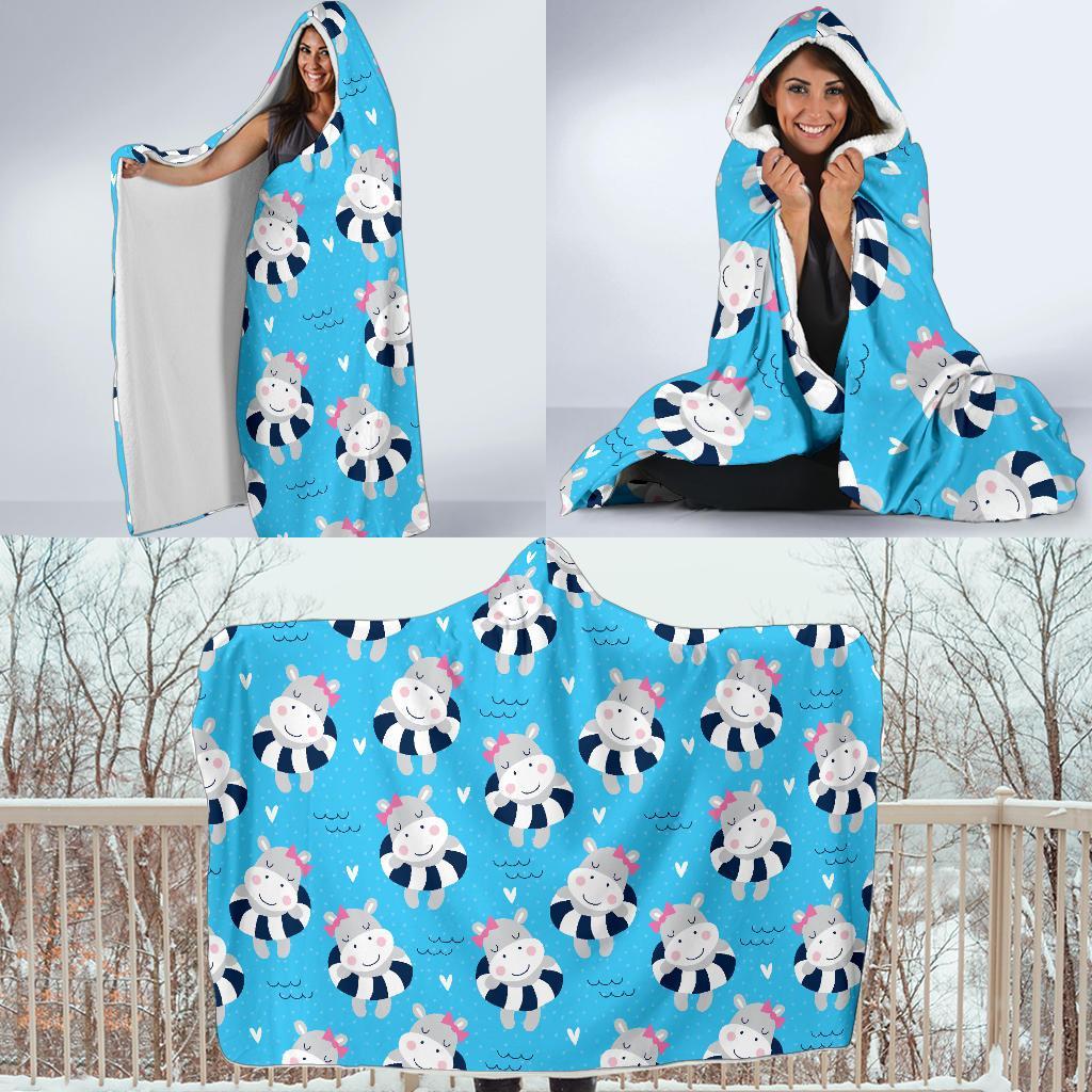 Hippo Cute Pattern Print Hooded Blanket-grizzshop