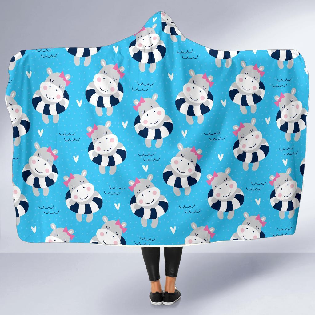 Hippo Cute Pattern Print Hooded Blanket-grizzshop