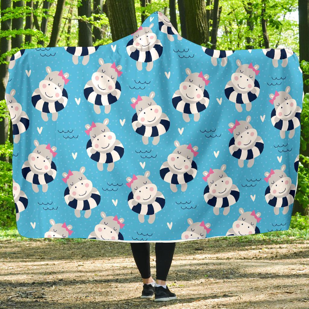 Hippo Cute Pattern Print Hooded Blanket-grizzshop