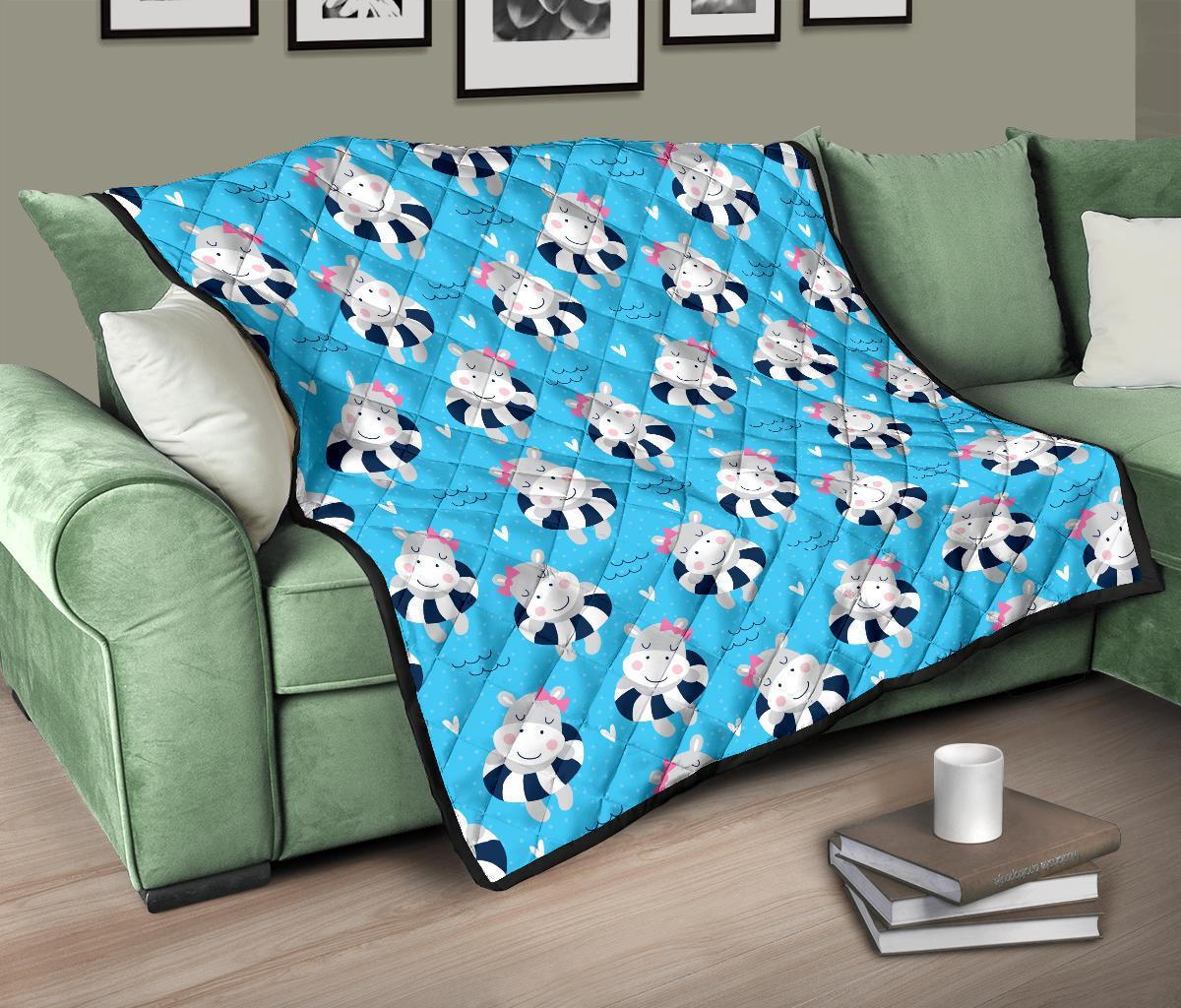 Hippo Cute Pattern Print Quilt-grizzshop