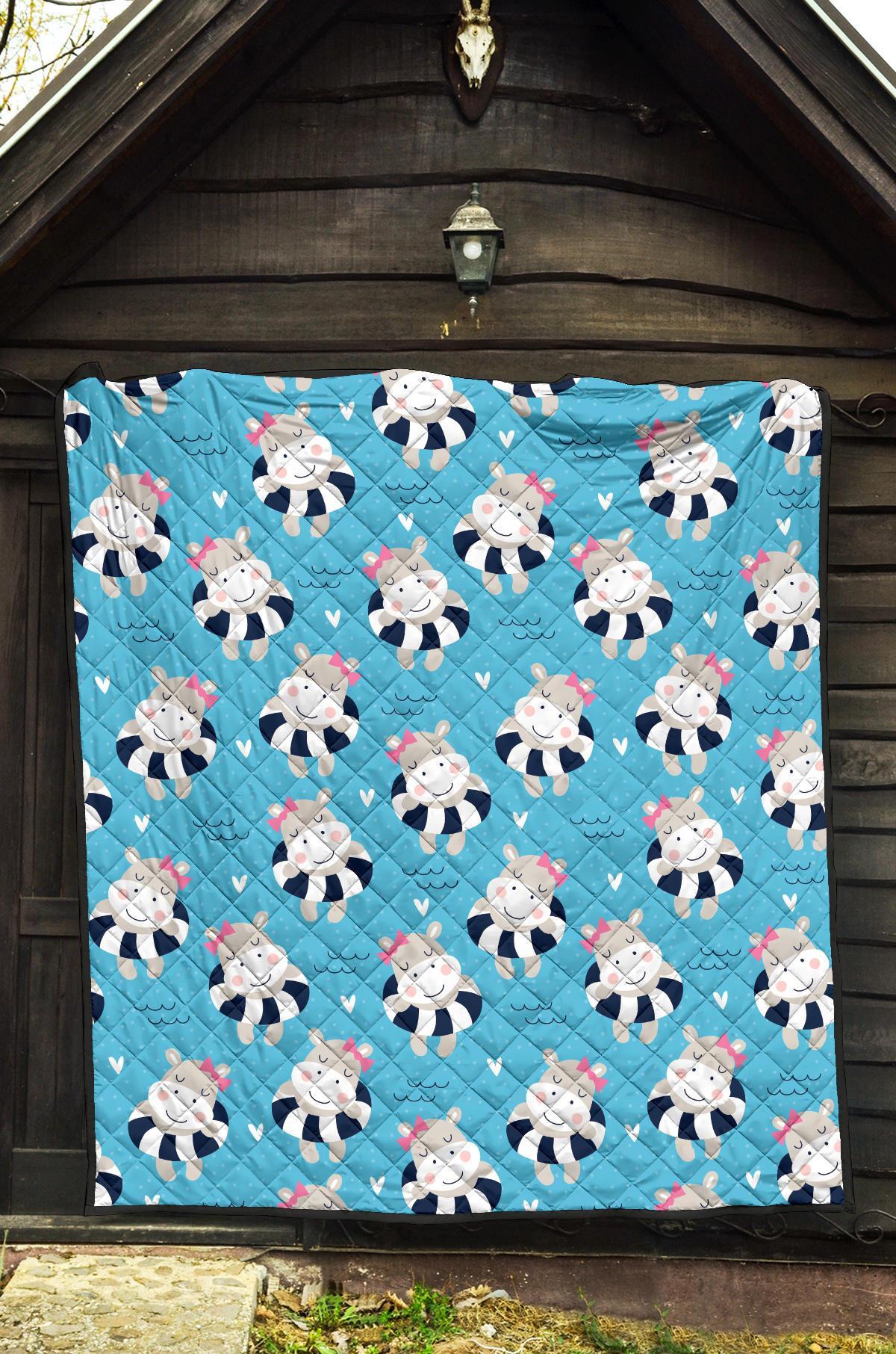 Hippo Cute Pattern Print Quilt-grizzshop