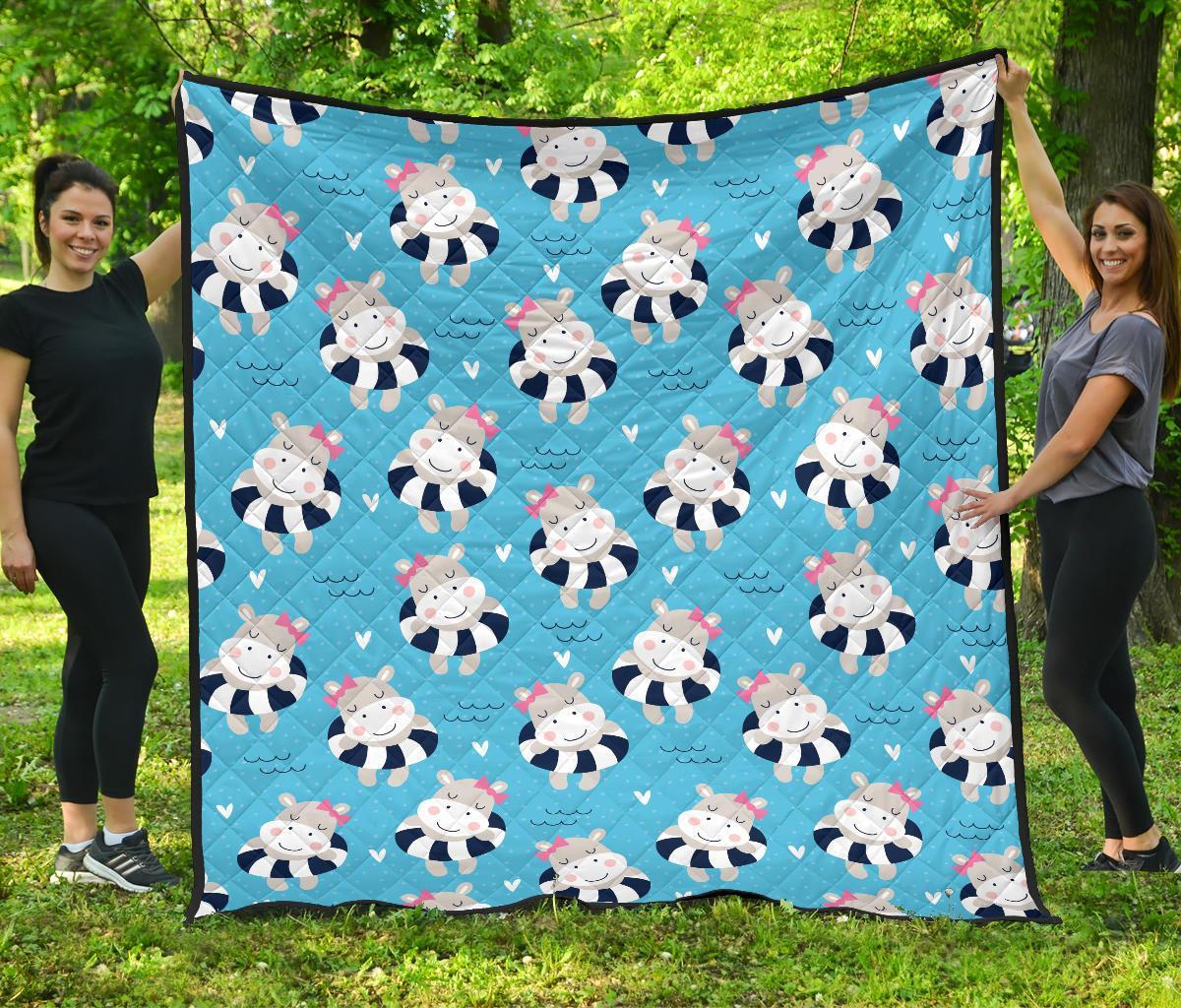 Hippo Cute Pattern Print Quilt-grizzshop