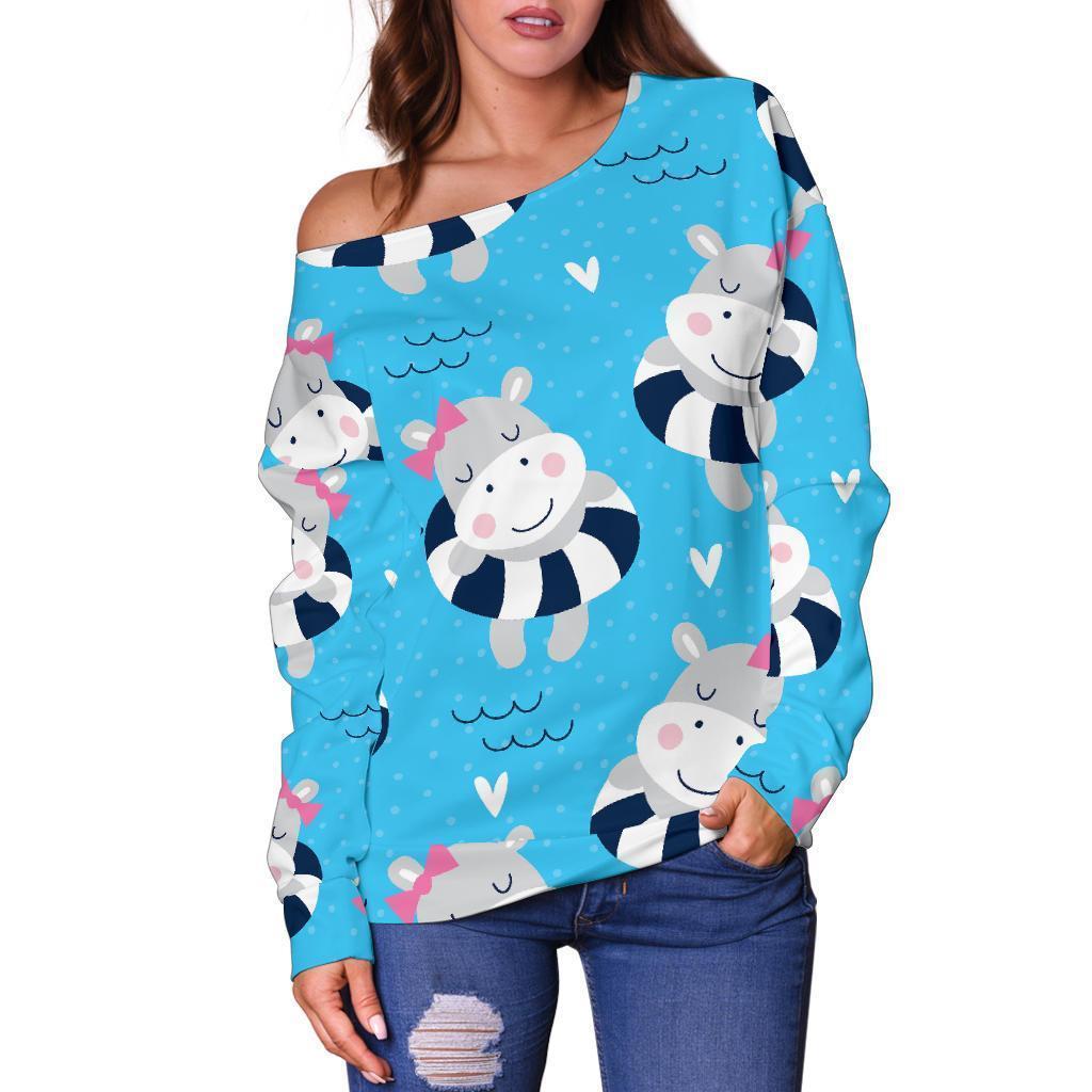 Hippo Cute Pattern Print Women Off Shoulder Sweatshirt-grizzshop