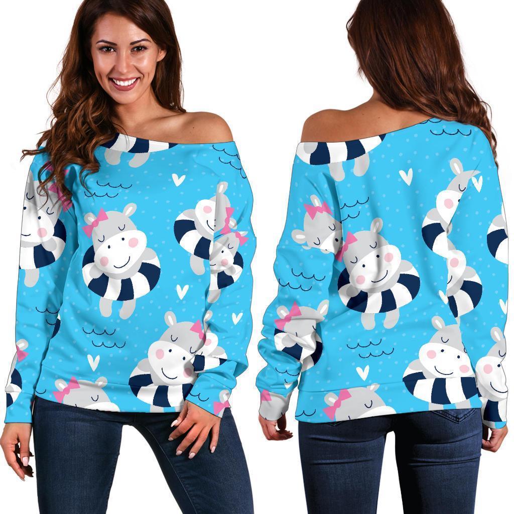 Hippo Cute Pattern Print Women Off Shoulder Sweatshirt-grizzshop