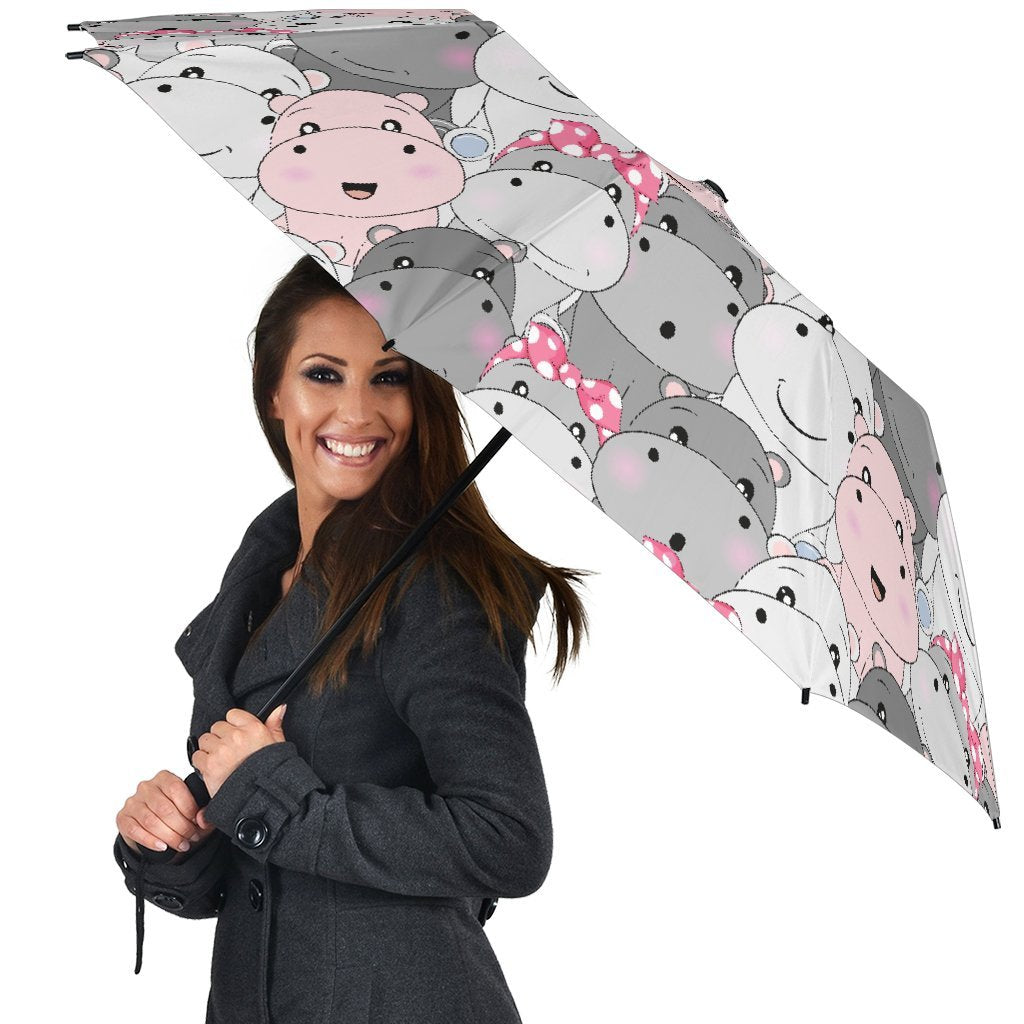 Hippo Cute Print Pattern Automatic Foldable Umbrella-grizzshop