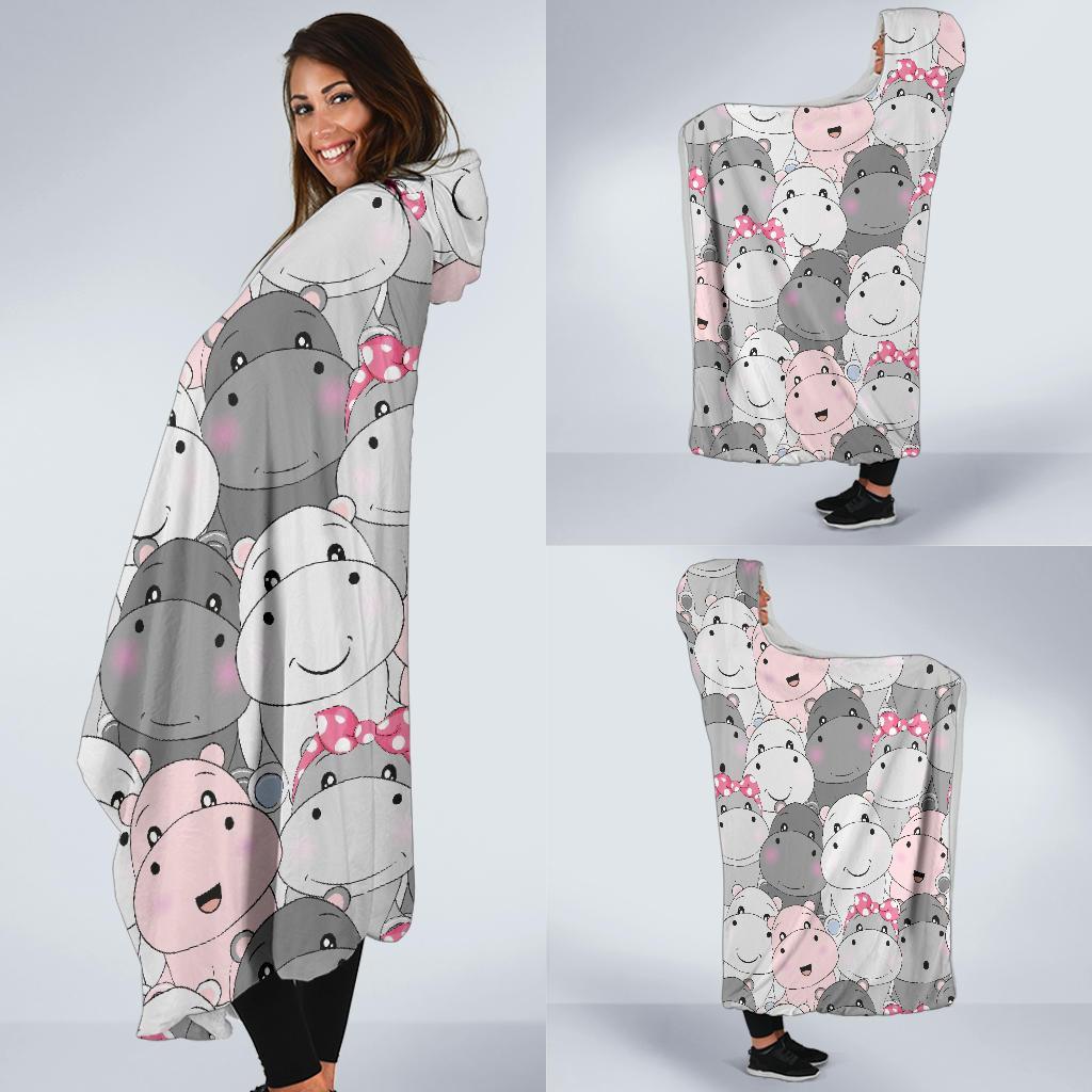 Hippo Cute Print Pattern Hooded Blanket-grizzshop