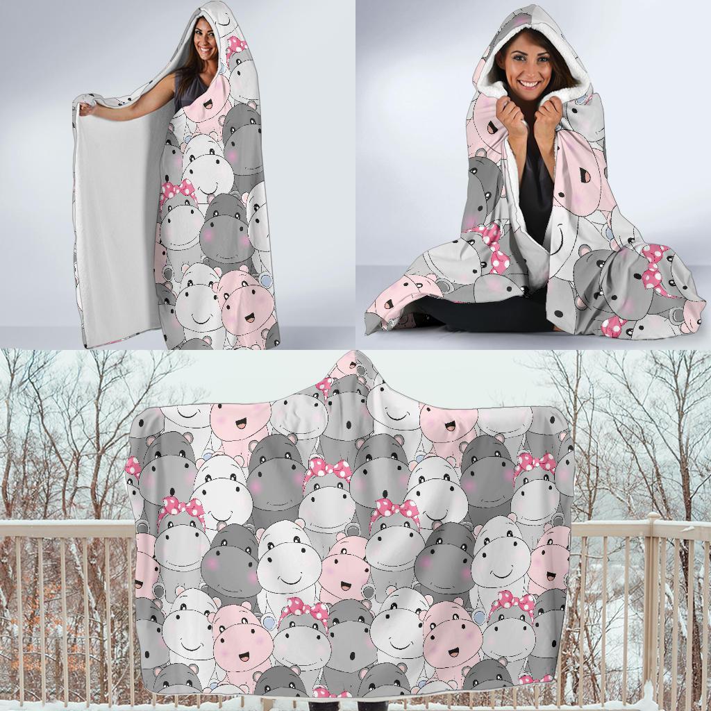 Hippo Cute Print Pattern Hooded Blanket-grizzshop