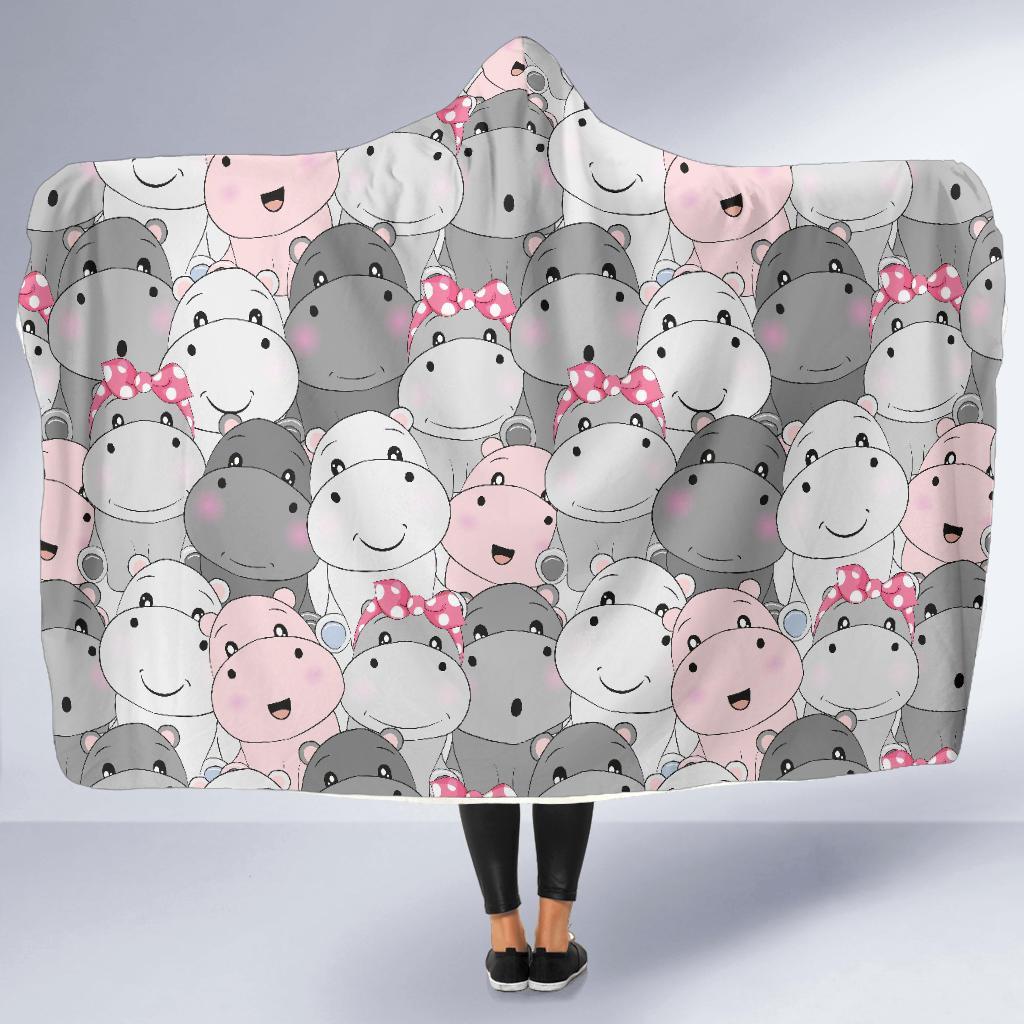 Hippo Cute Print Pattern Hooded Blanket-grizzshop