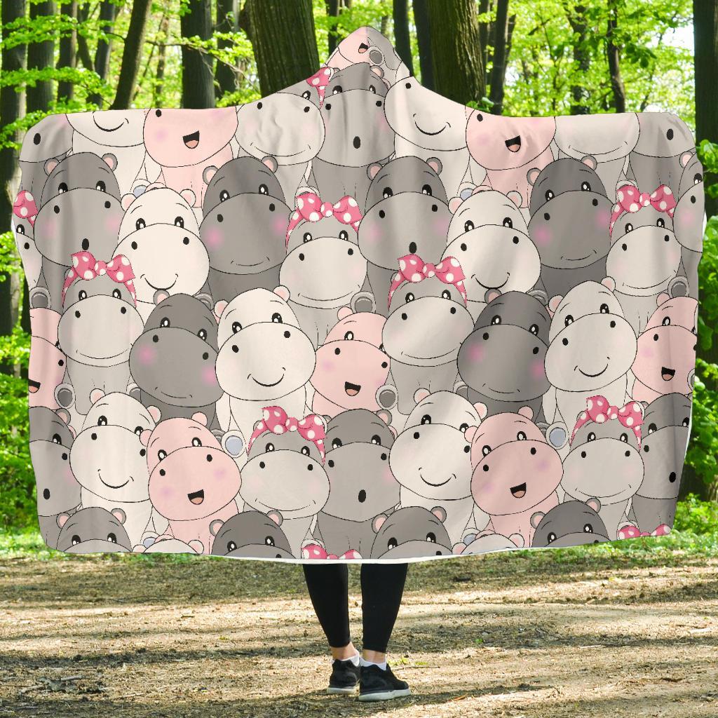 Hippo Cute Print Pattern Hooded Blanket-grizzshop