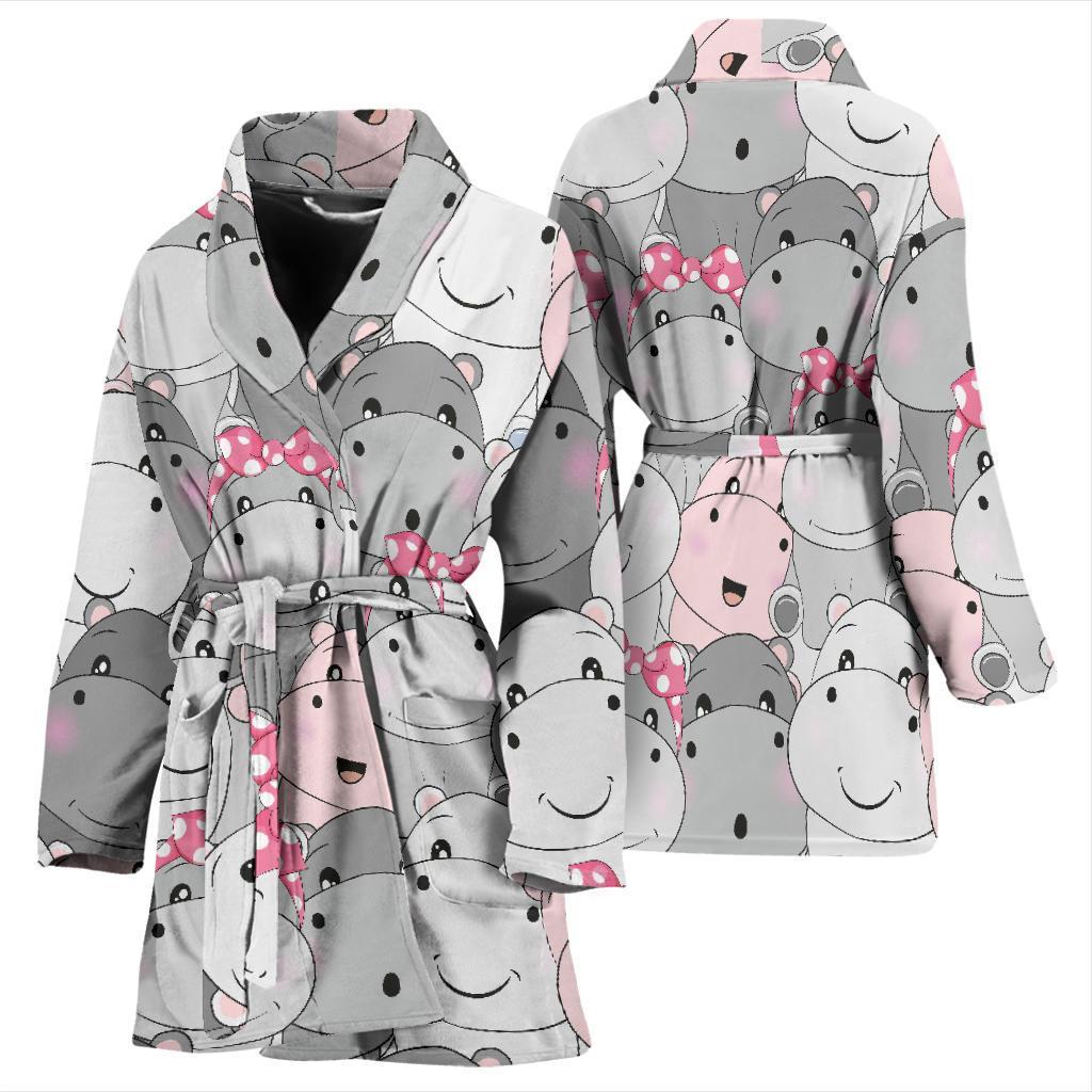Hippo Cute Print Pattern Women Long Robe-grizzshop