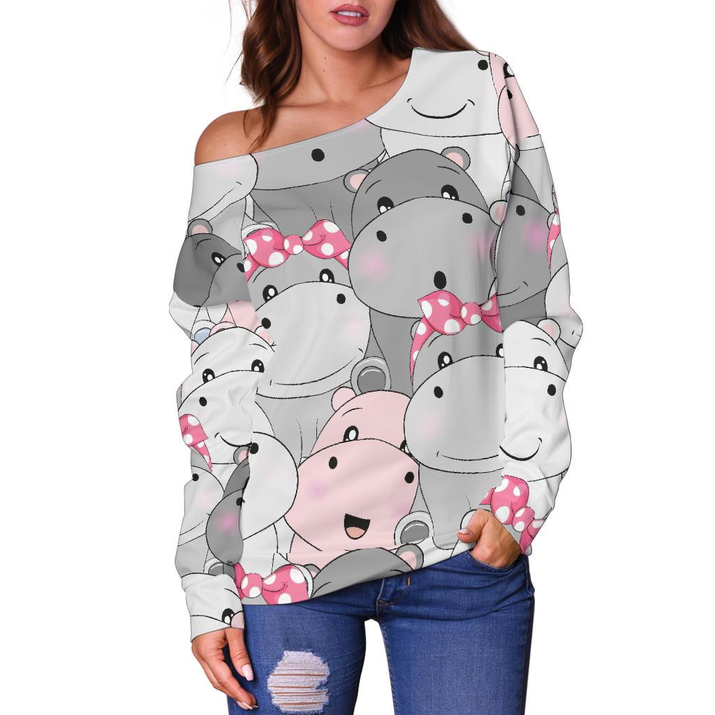 Hippo Cute Print Pattern Women Off Shoulder Sweatshirt-grizzshop