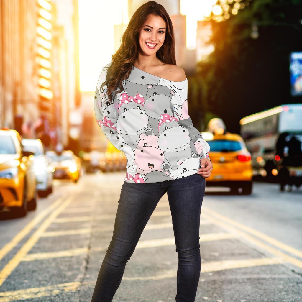 Hippo Cute Print Pattern Women Off Shoulder Sweatshirt-grizzshop