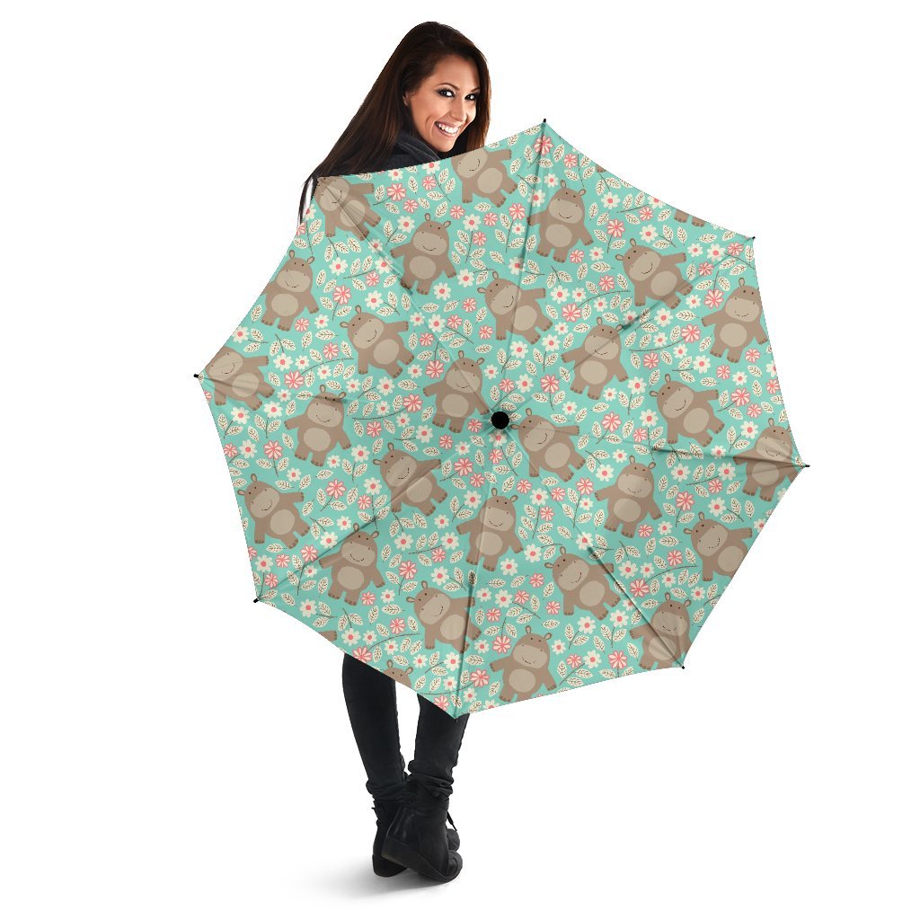 Hippo Floral Pattern Print Automatic Foldable Umbrella-grizzshop