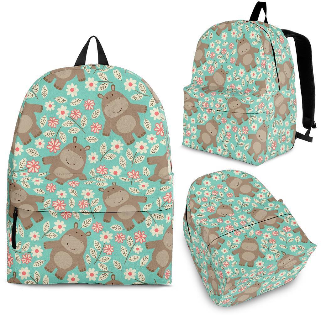 Hippo Floral Pattern Print Backpack-grizzshop