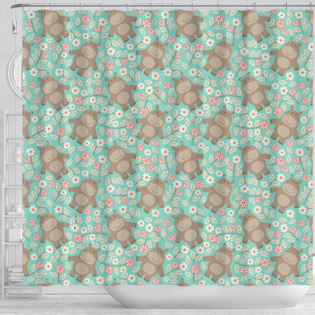 Hippo Floral Pattern Print Bathroom Shower Curtain-grizzshop