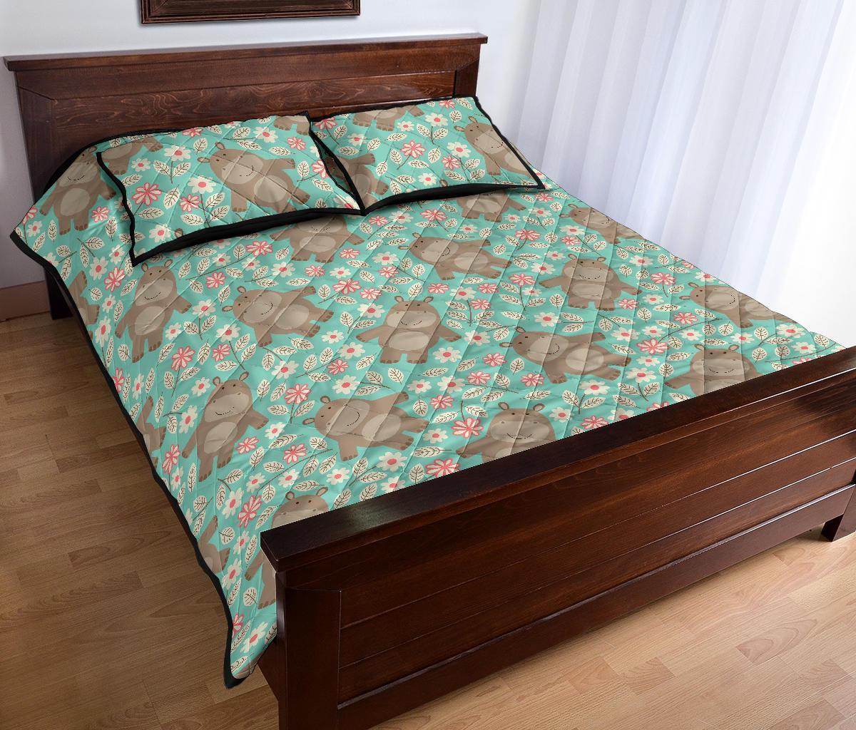 Hippo Floral Pattern Print Bed Set Quilt-grizzshop