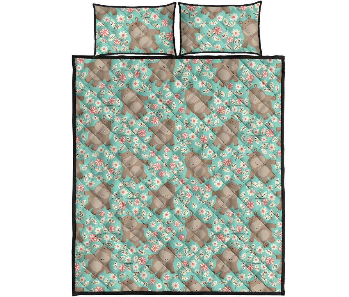 Hippo Floral Pattern Print Bed Set Quilt-grizzshop